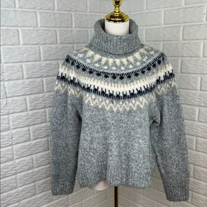 H&M FAIR ISLE TURTLENECK SWEATER ALPACA BLEND SEMI CROP GRAY CREAM SZ LG NWOT